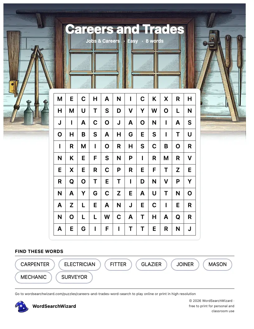 Careers and Trades word search printable sheet, 8 words to find
