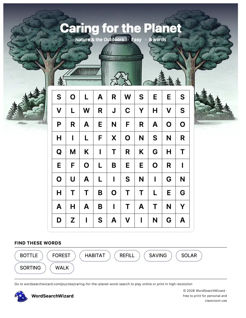 Caring for the Planet word search printable sheet, 8 words to find
