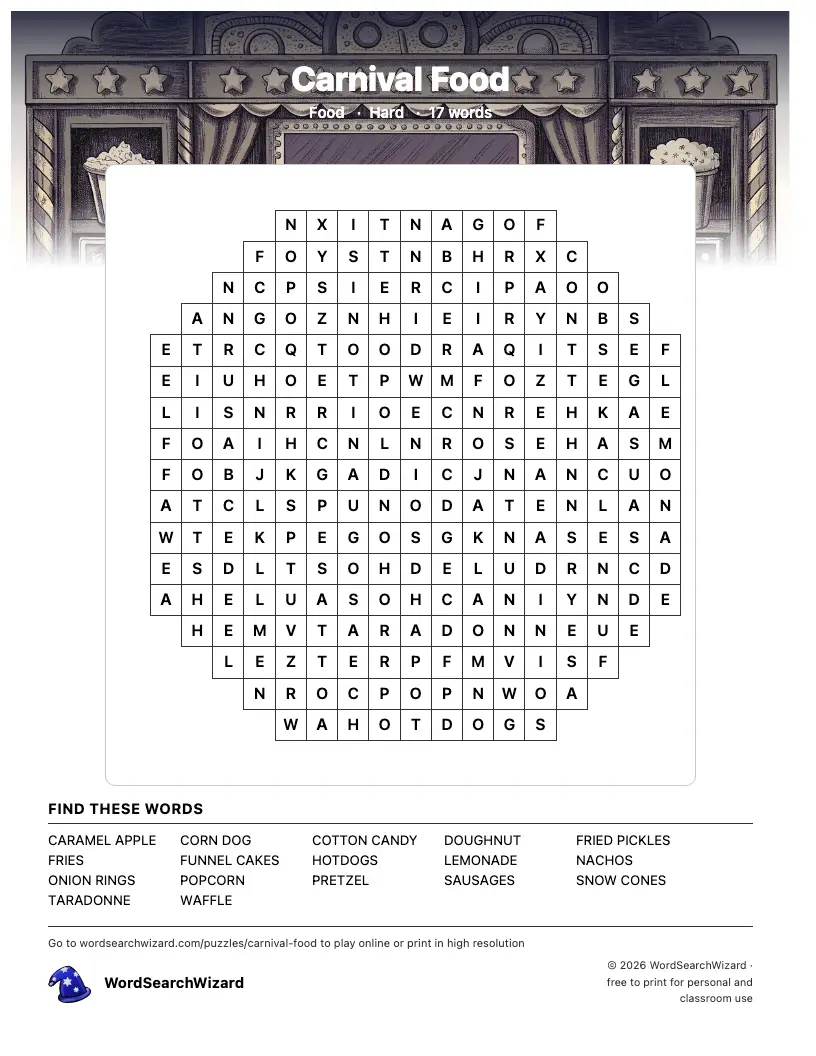 Carnival Food word search printable sheet, 17 words to find