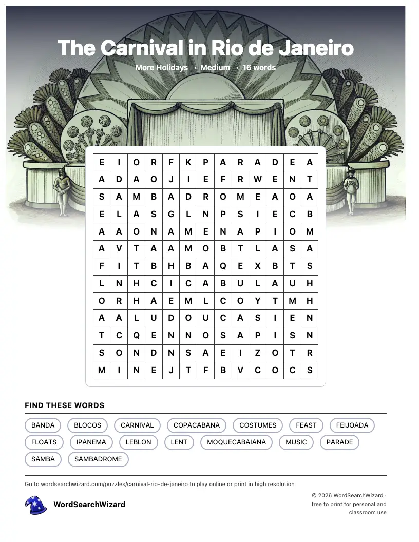 The Carnival in Rio de Janeiro word search printable sheet, 16 words to find