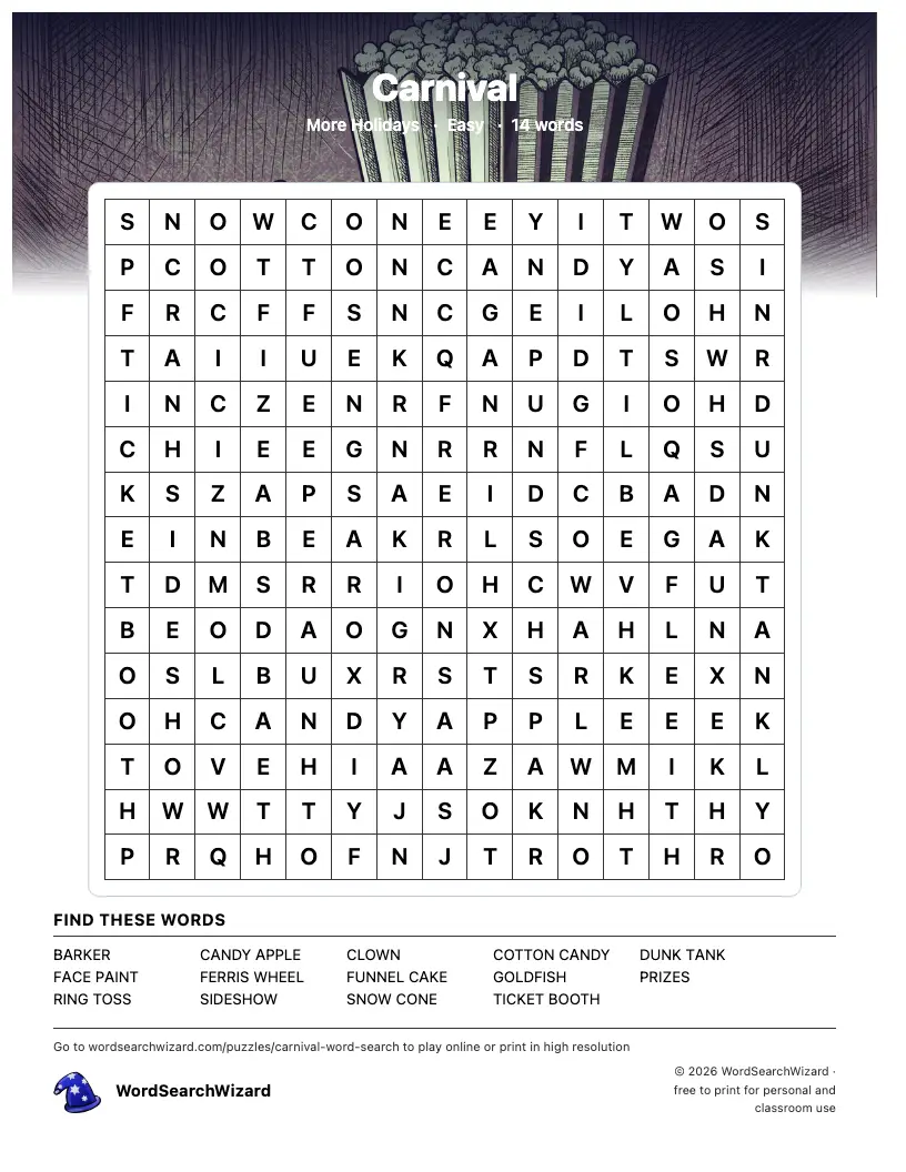 Carnival word search printable sheet, 14 words to find
