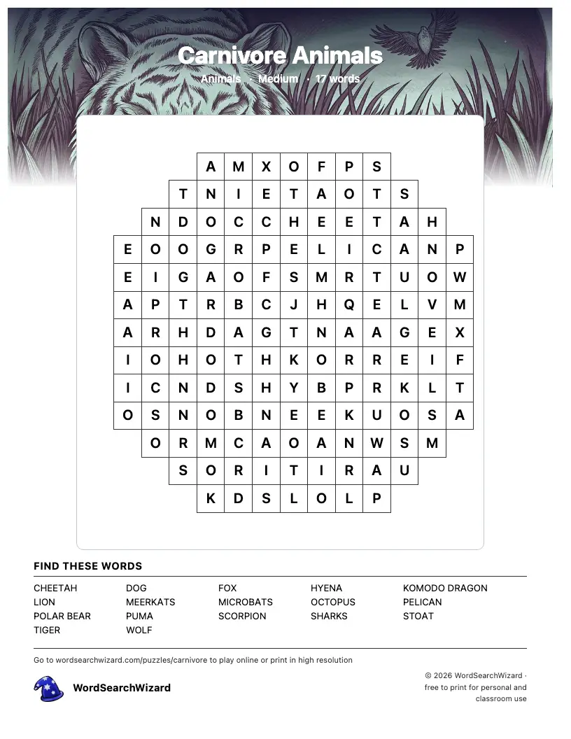 Carnivore Animals word search printable sheet, 17 words to find