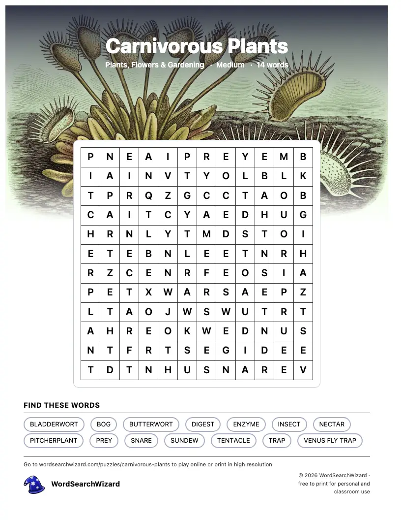 Carnivorous Plants word search printable sheet, 14 words to find
