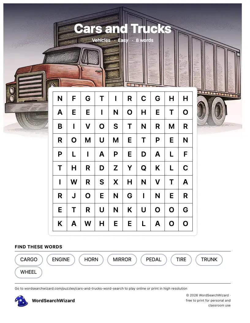 Cars and Trucks word search printable sheet, 8 words to find