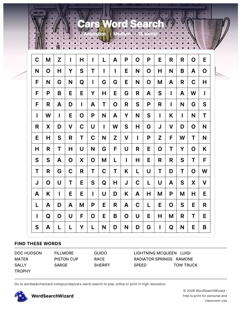 Cars word search printable sheet, 16 words to find
