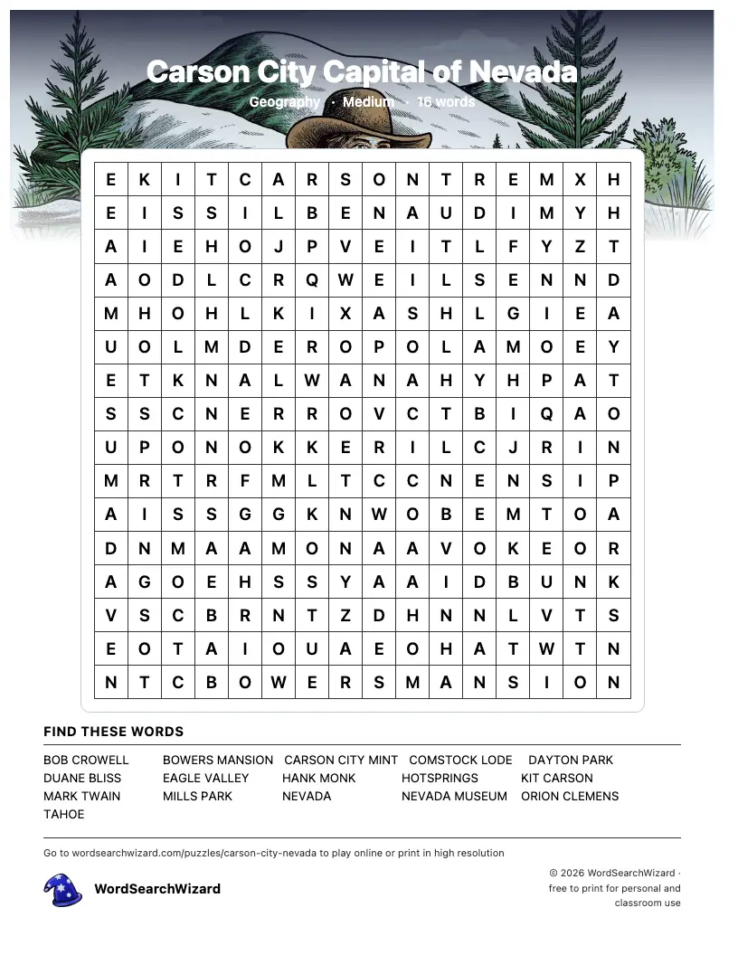 Carson City Capital of Nevada word search printable sheet, 16 words to find