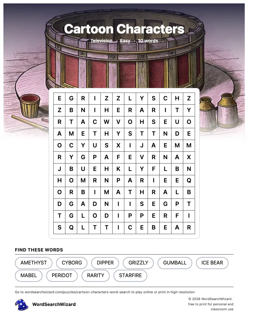 Cartoon Characters word search printable sheet, 10 words to find
