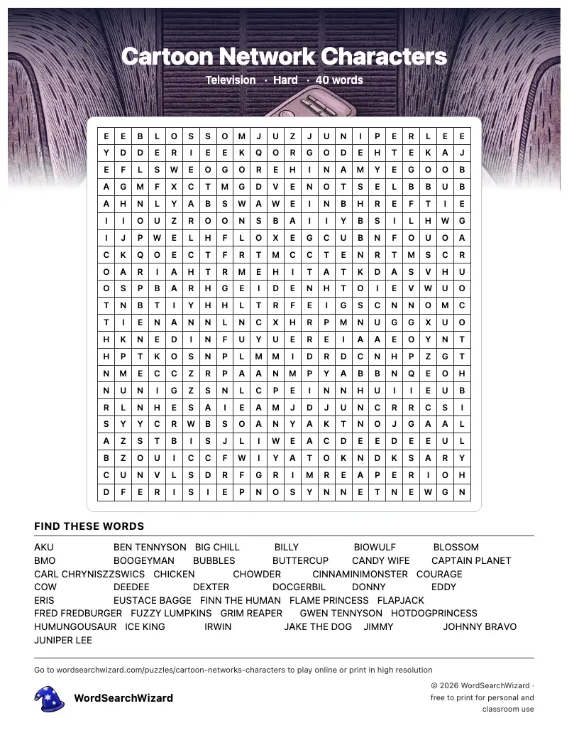 Cartoon Network Characters word search printable sheet, 40 words to find