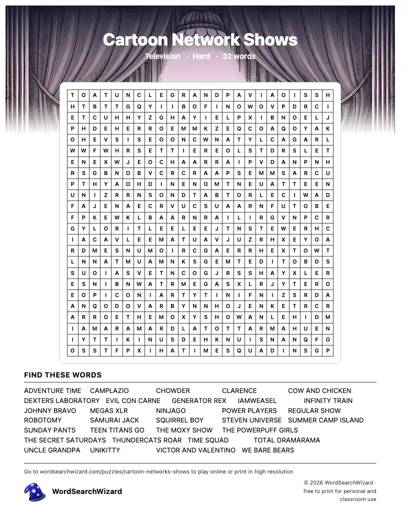 Cartoon Network Shows word search printable sheet, 32 words to find