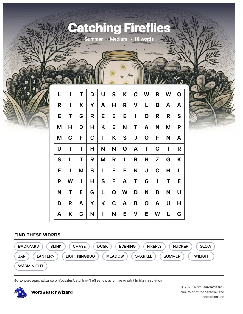 Catching Fireflies word search printable sheet, 16 words to find