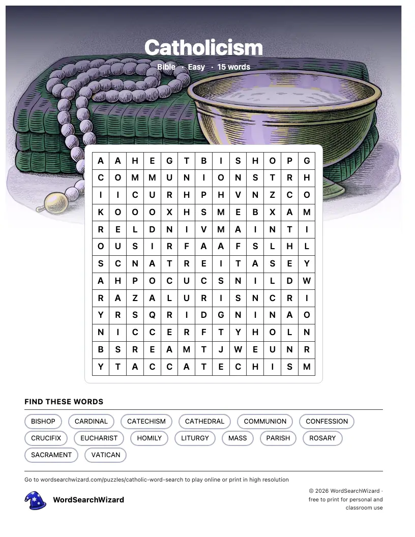 Catholicism word search printable sheet, 15 words to find