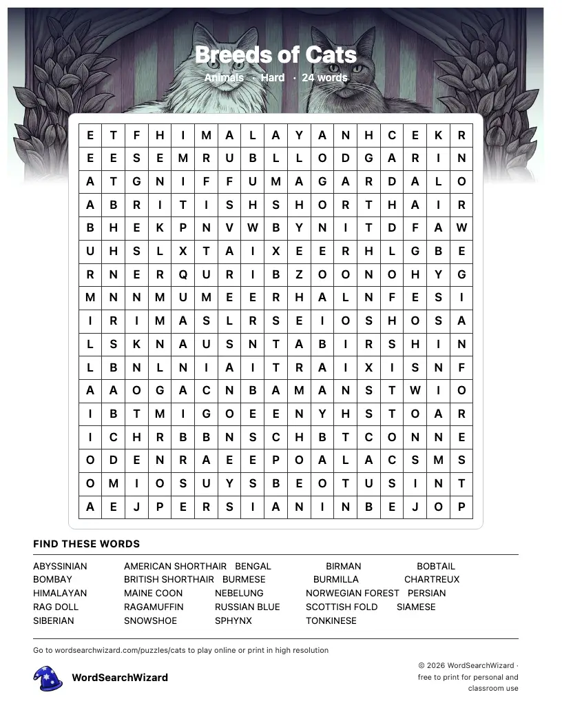 Breeds of Cats word search printable sheet, 24 words to find