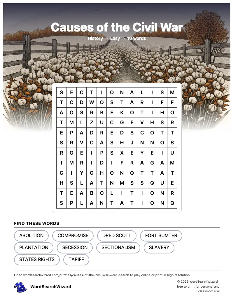 Causes of the Civil War word search printable sheet, 10 words to find