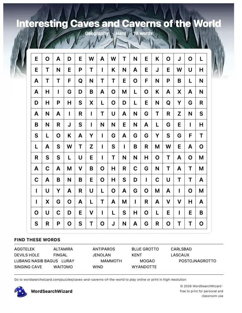 Interesting Caves and Caverns of the World word search printable sheet, 19 words to find