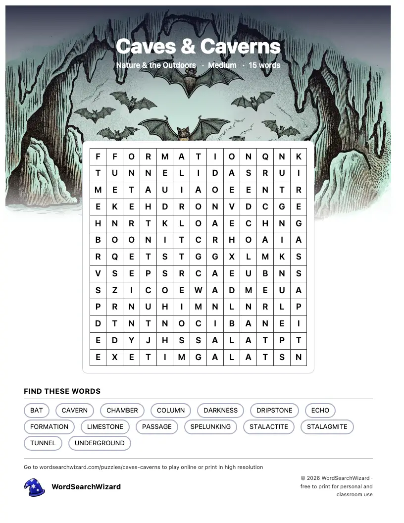 Caves & Caverns word search printable sheet, 15 words to find