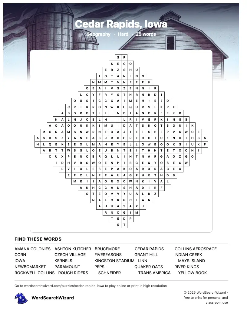 Cedar Rapids, Iowa word search printable sheet, 25 words to find