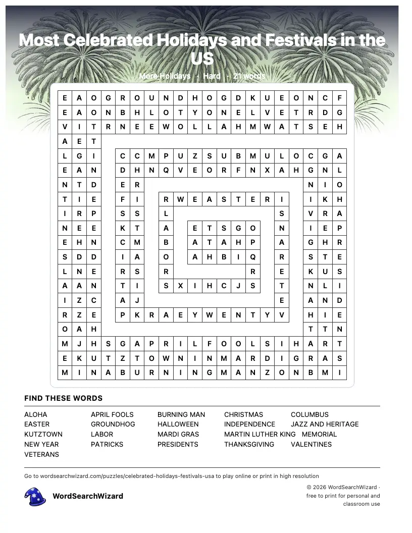 Most Celebrated Holidays and Festivals in the US word search printable sheet, 21 words to find
