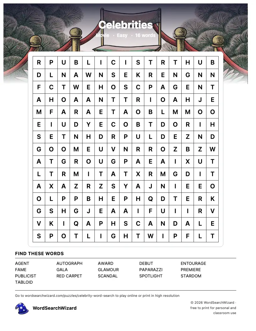 Celebrities word search printable sheet, 16 words to find