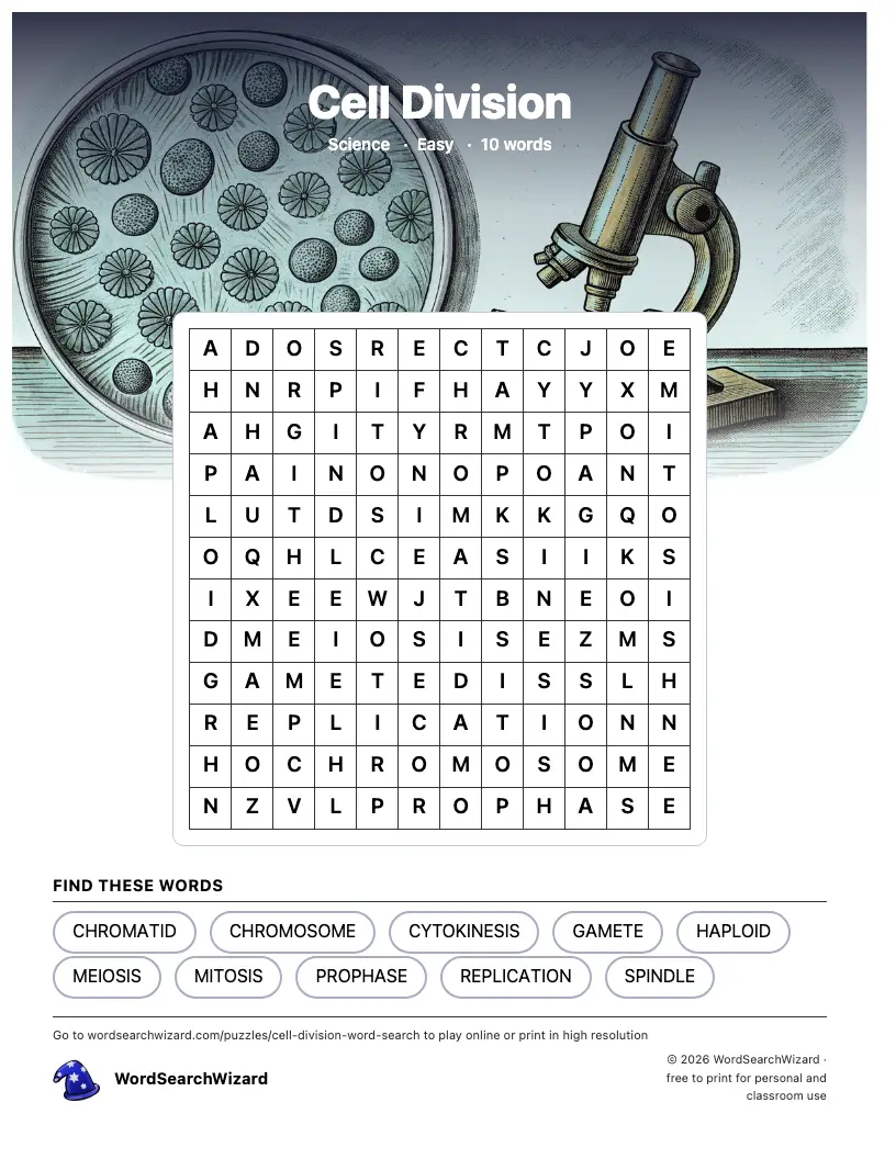 Cell Division word search printable sheet, 10 words to find