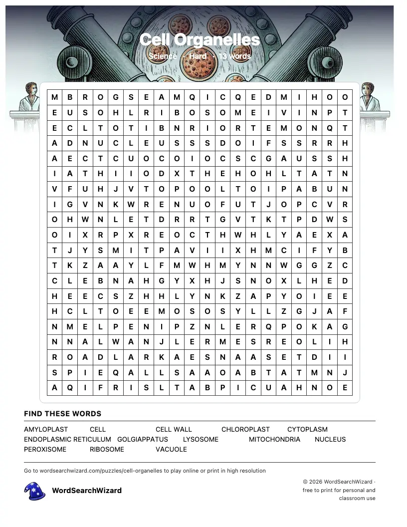Cell Organelles word search printable sheet, 13 words to find