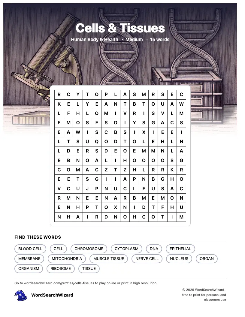 Cells & Tissues word search printable sheet, 15 words to find