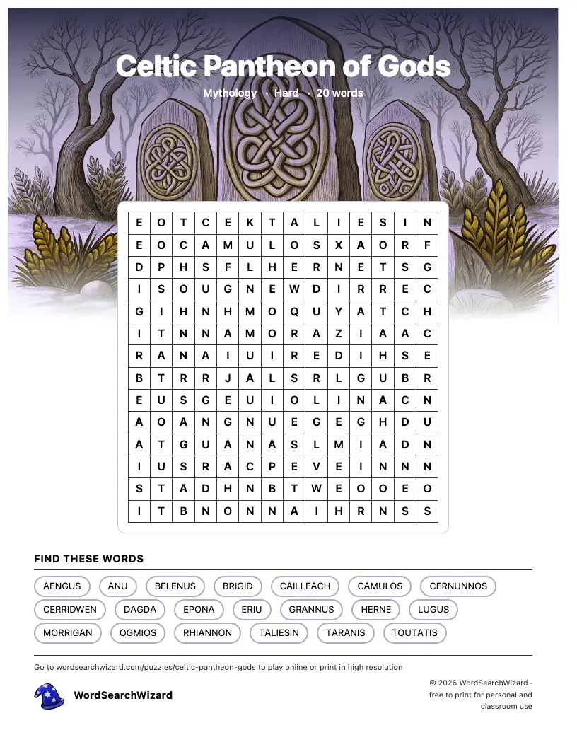 Celtic Pantheon of Gods word search printable sheet, 20 words to find