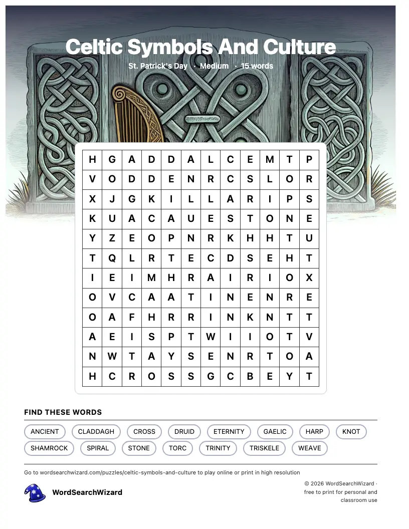Celtic Symbols And Culture word search printable sheet, 15 words to find