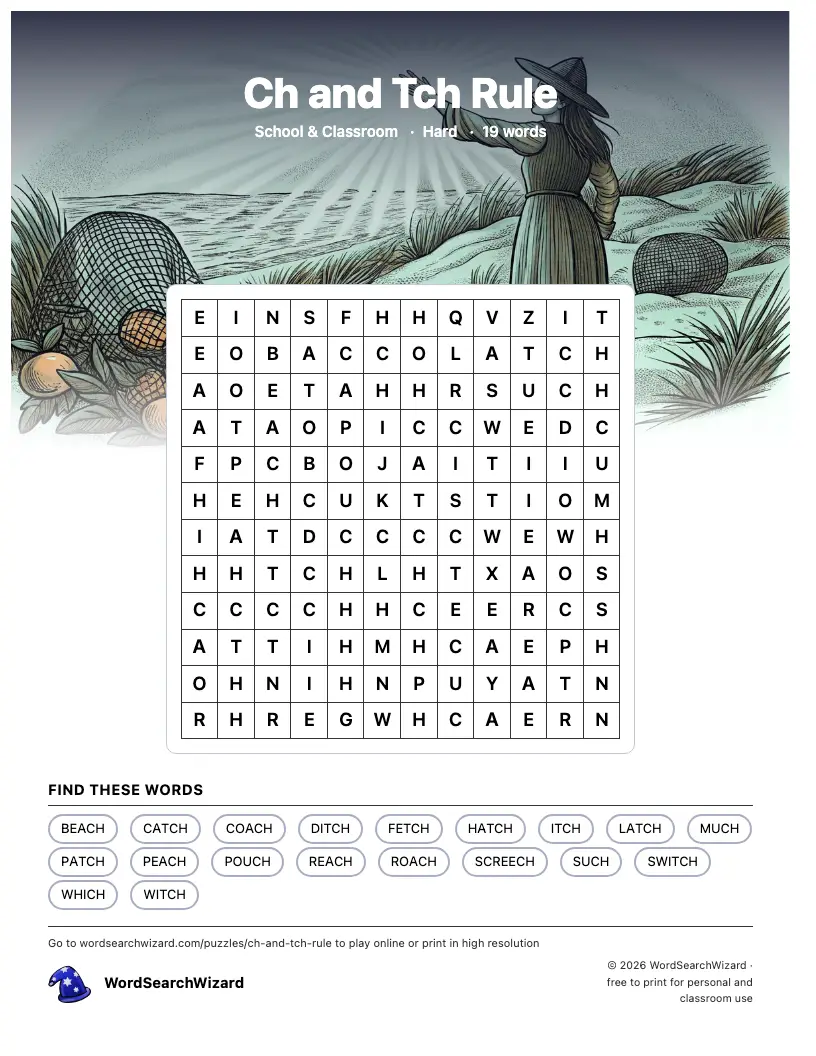 Ch and Tch Rule word search printable sheet, 19 words to find