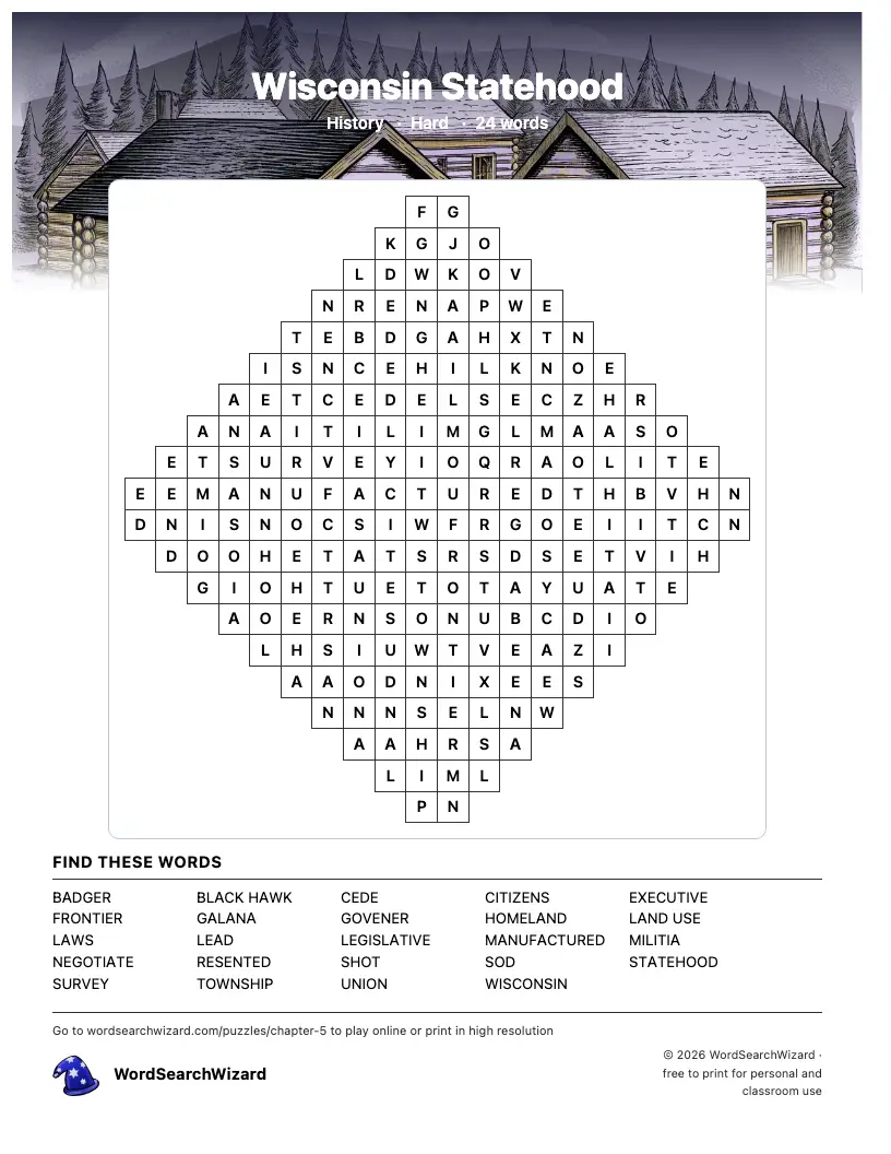 Wisconsin Statehood word search printable sheet, 24 words to find