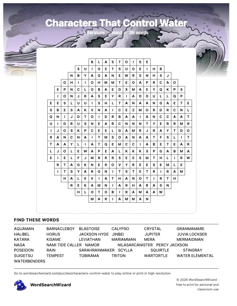 Characters That Control Water word search printable sheet, 36 words to find