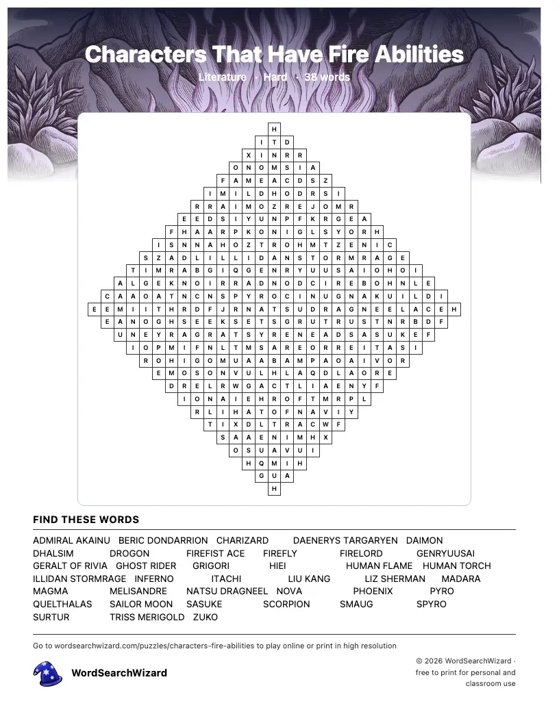 Characters That Have Fire Abilities word search printable sheet, 38 words to find