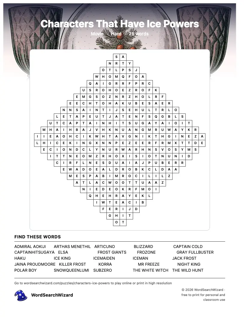 Characters That Have Ice Powers word search printable sheet, 25 words to find
