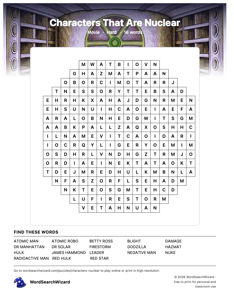 Characters That Are Nuclear word search printable sheet, 18 words to find