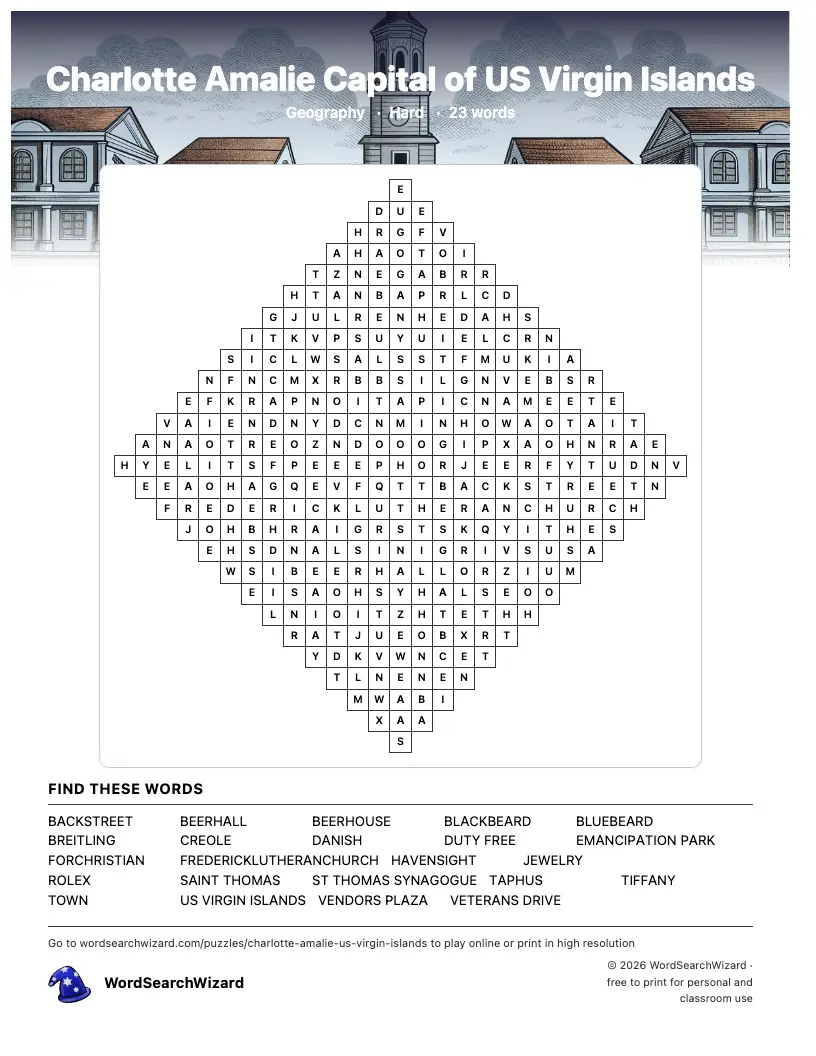 Charlotte Amalie Capital of US Virgin Islands word search printable sheet, 23 words to find