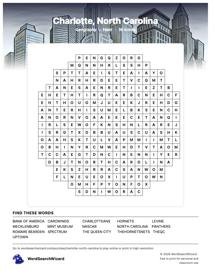 Charlotte, North Carolina word search printable sheet, 16 words to find