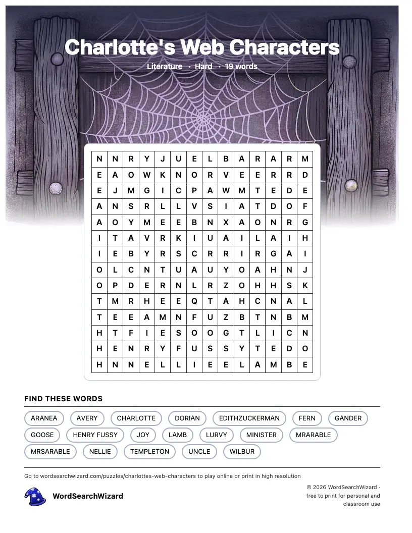 Charlotte's Web Characters word search printable sheet, 19 words to find