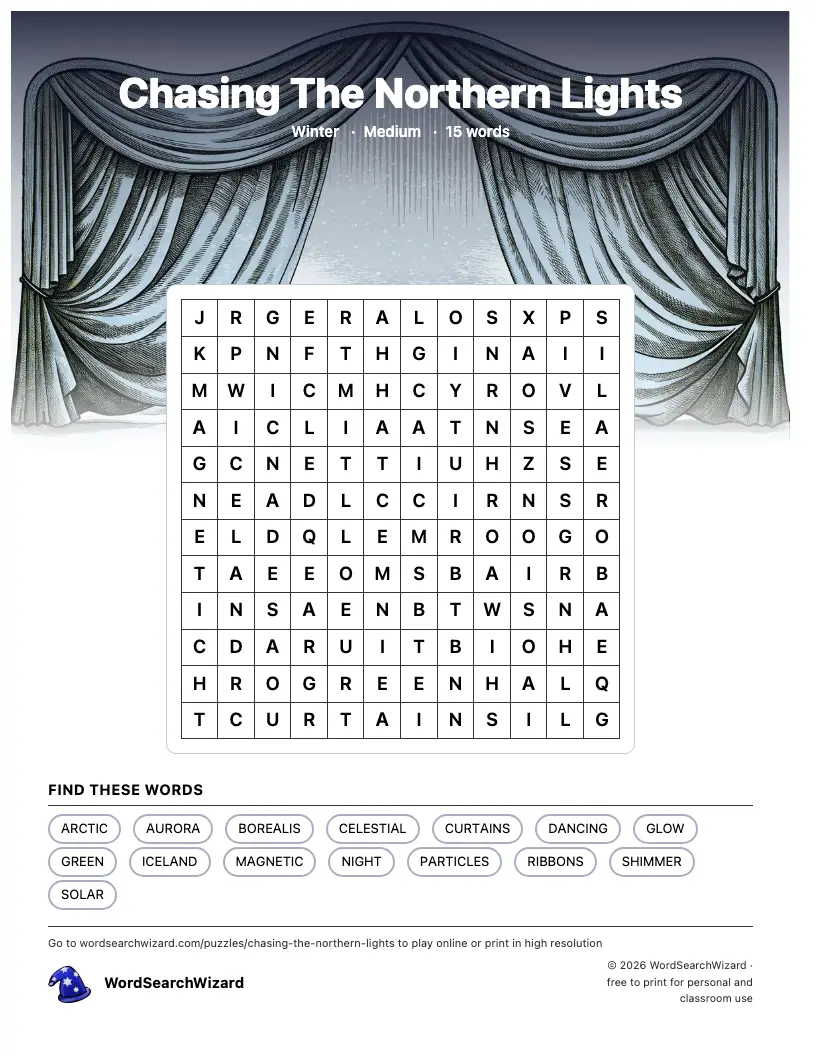 Chasing The Northern Lights word search printable sheet, 15 words to find
