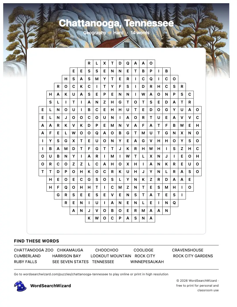 Chattanooga, Tennessee word search printable sheet, 14 words to find