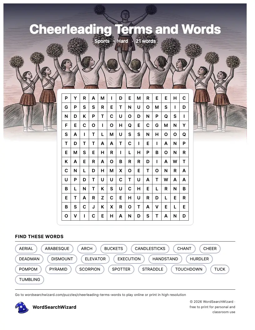 Cheerleading Terms and Words word search printable sheet, 21 words to find