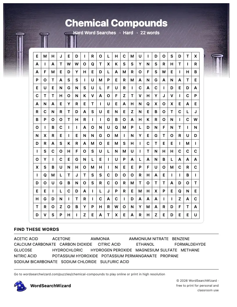 Chemical Compounds word search printable sheet, 22 words to find