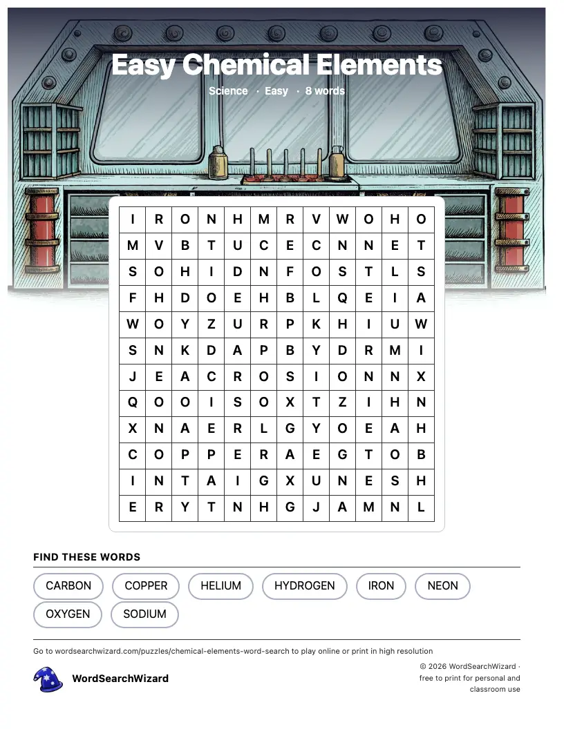 Easy Chemical Elements word search printable sheet, 8 words to find