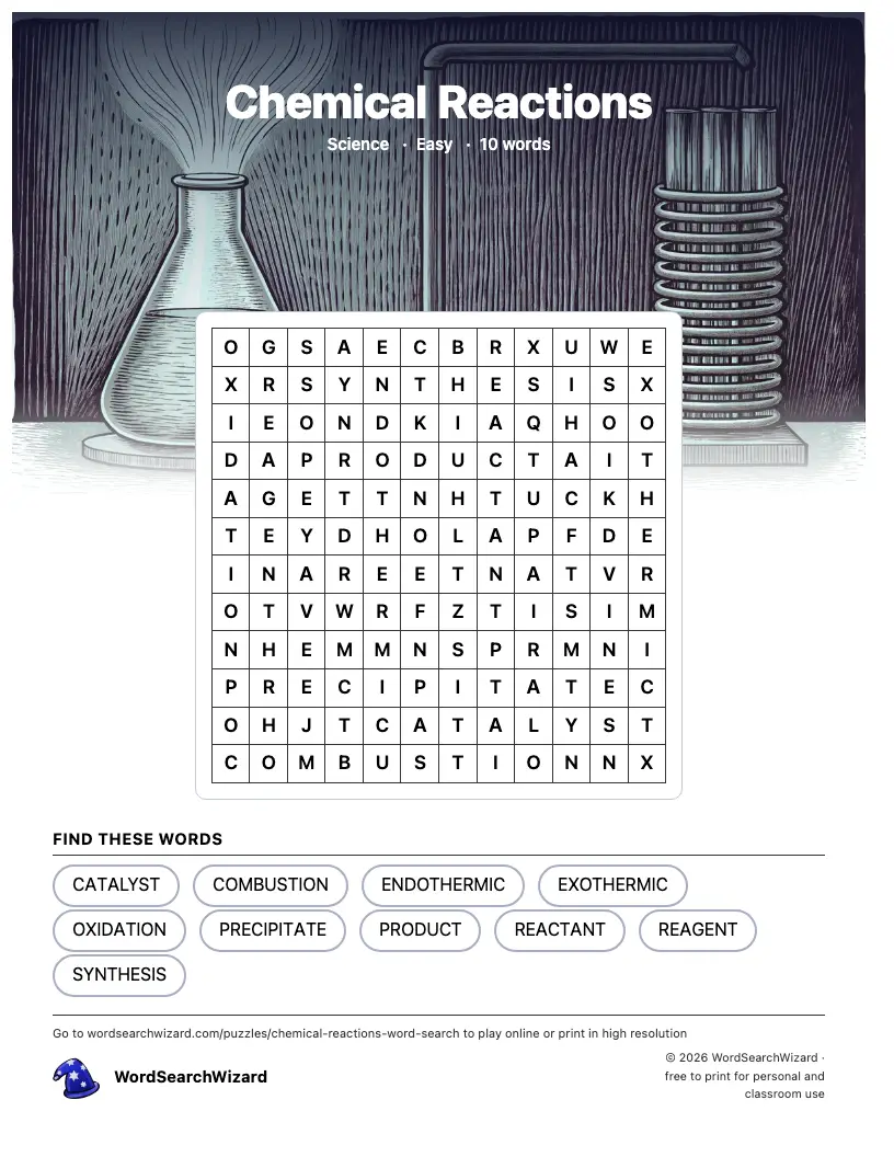 Chemical Reactions word search printable sheet, 10 words to find