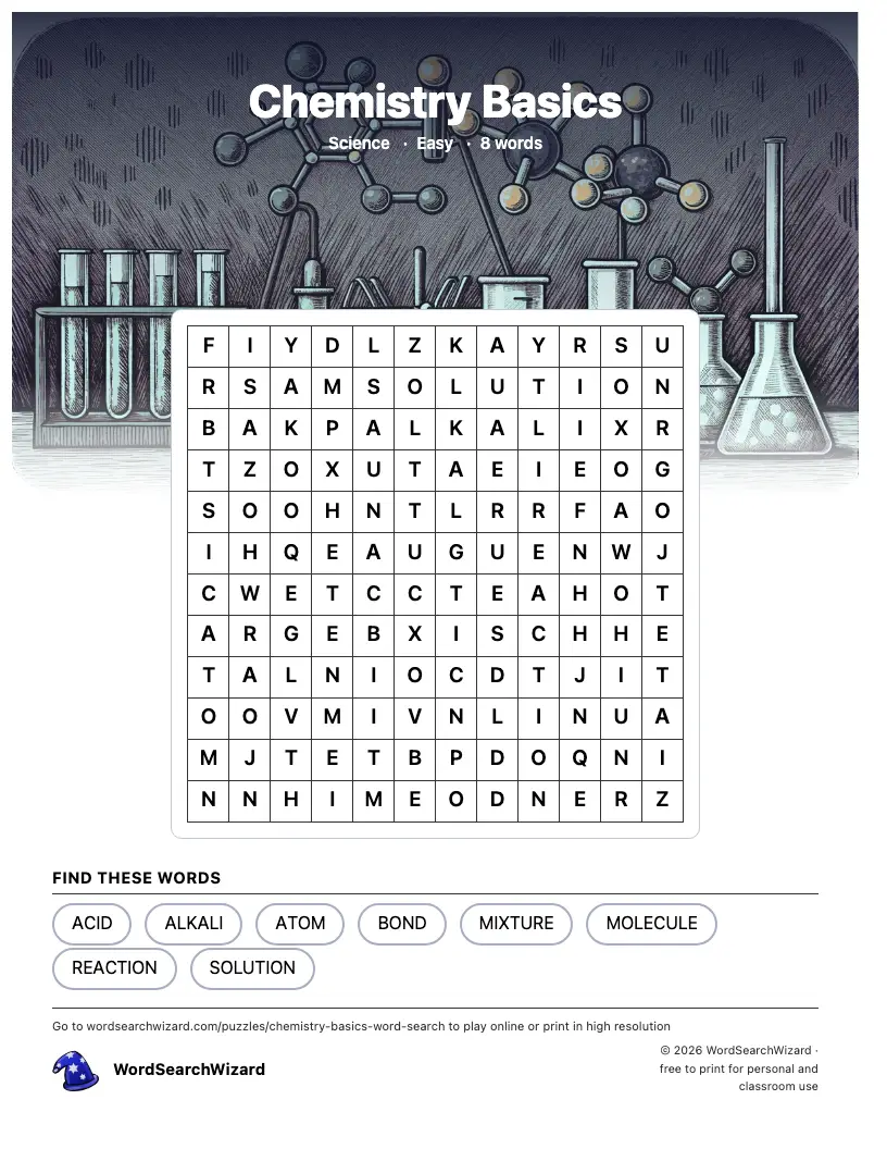 Chemistry Basics word search printable sheet, 8 words to find