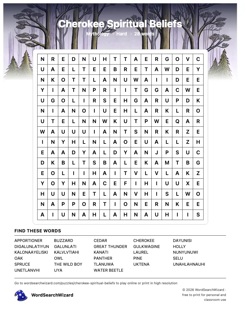 Cherokee Spiritual Beliefs word search printable sheet, 28 words to find
