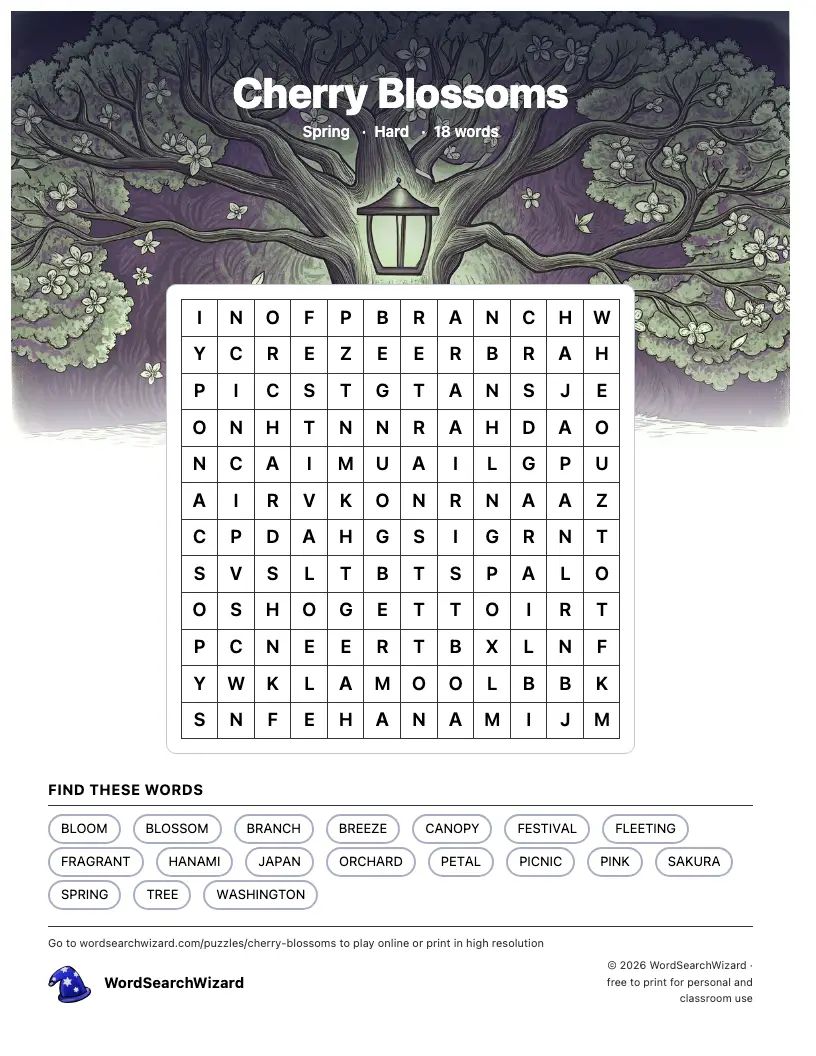 Cherry Blossoms word search printable sheet, 18 words to find