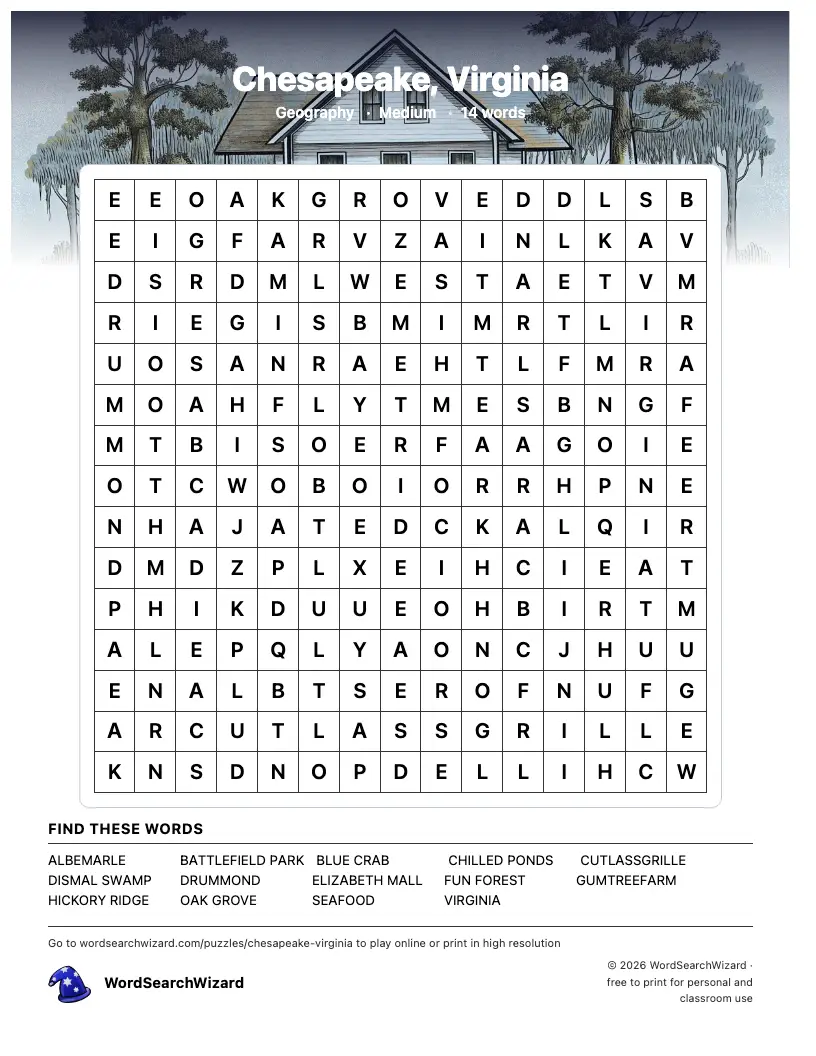 Chesapeake, Virginia word search printable sheet, 14 words to find