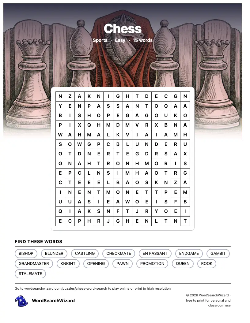 Chess word search printable sheet, 15 words to find