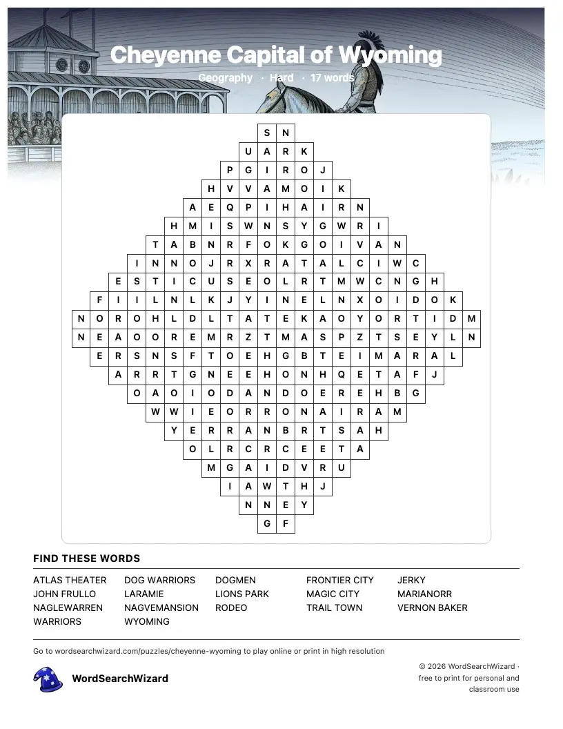 Cheyenne Capital of Wyoming word search printable sheet, 17 words to find