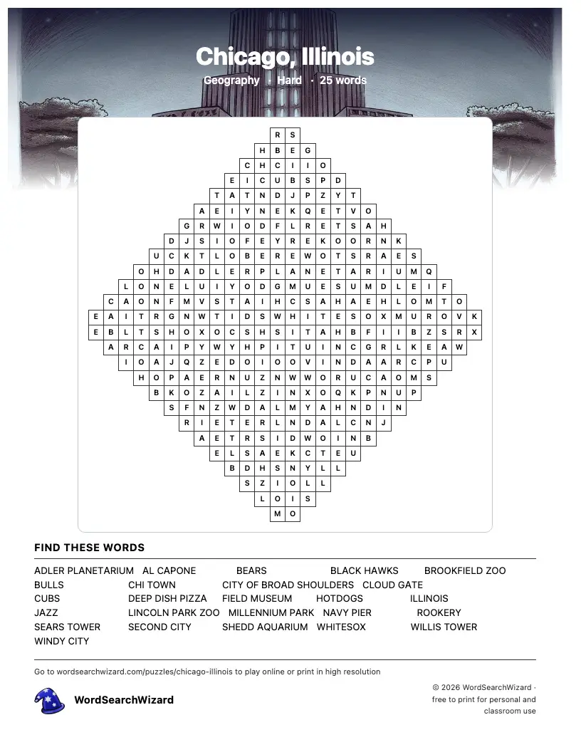 Chicago, Illinois word search printable sheet, 25 words to find