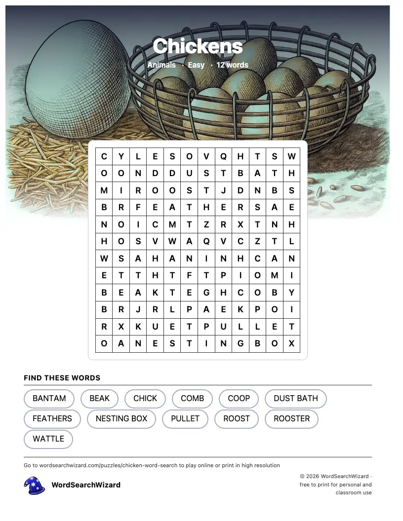 Chickens word search printable sheet, 12 words to find